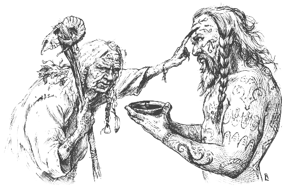 The Crone daubs the foreheads with blood before battle