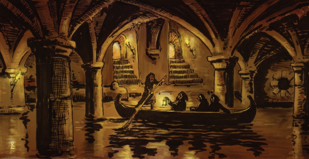 Priests using a skiff to reach crypts